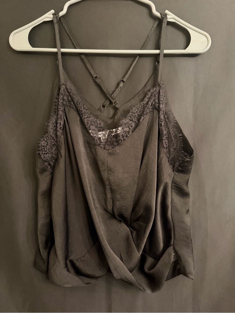 HYFVE Black Lace-Trim Satin Cami with Crisscross Straps Size L NWOT